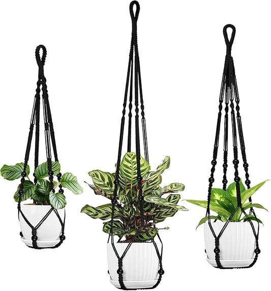 3 Pack Macrame Plant Hanger - 43"/35"/29" Different Sizes, Hanging Planter Basket Flower Pot Holder for Indoor Outdoor, with Wood Beads, Boho Home Decor, Black (POTS NOT Included)