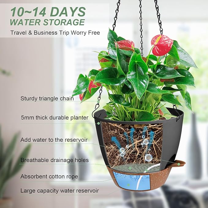 Hanging Planters for Indoor Outdoor Plants, 1 Set Self Watering Hanging Pot with Drainage Holes & Removable Tray (Black-12inch, 12'')