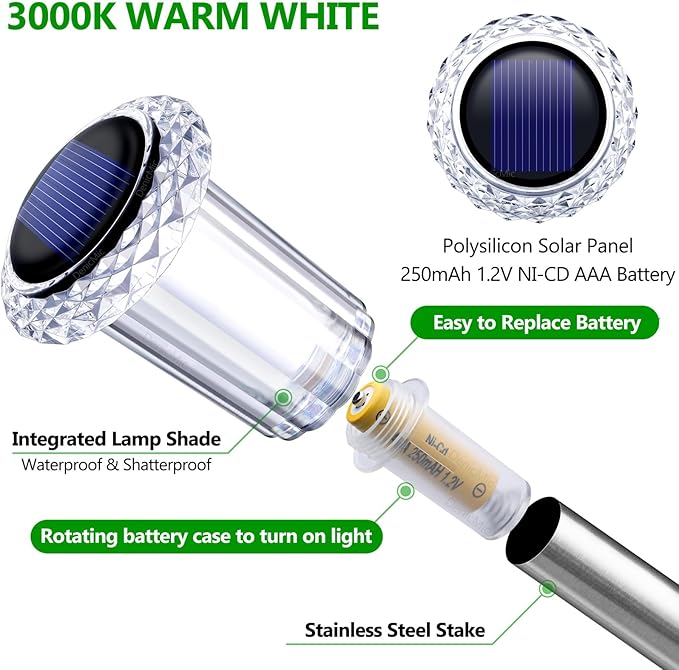 DenicMic Solar Lights Outdoor Pathway Lights 3000K LED Waterproof Acrylic Lamp Head Stainless Steel Stake for Yard Garden Landscape Path Walkway Driveway Patio Lawn (15Pack Warm White)