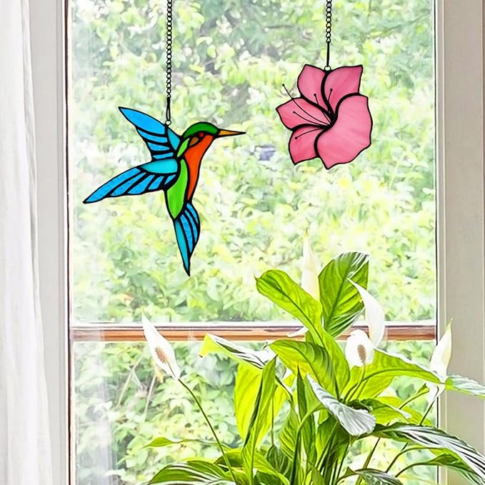 2 Pack Stained Glass Hummingbird with Flower Suncatcher for Window Hanging Ornament, Sun Catchers Indoor Window, Stained Glass Birds with Flower Gifts for Women, Mom, Birds Lovers