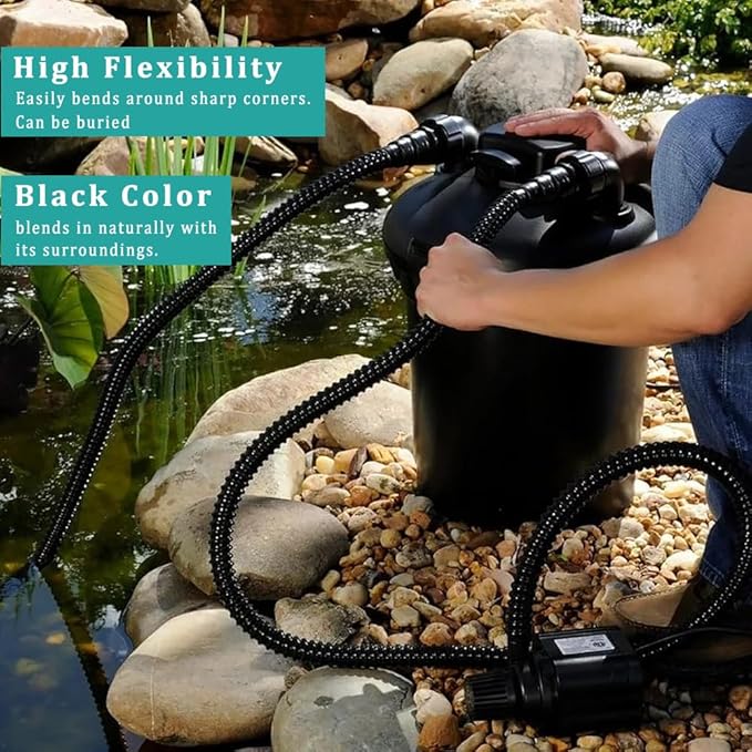 Pond Tubing ID 1 1/4” × 20ft Black Corrugated Flexible Reinforced Waterfall Pond Tube Sump Pump Hose, Non-toxic & Kinkproof (20 ft, 1 1/4" ID)