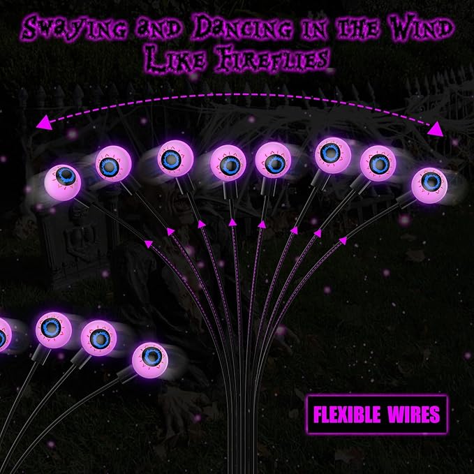 Halloween Decorations Outdoor Solar Scary Eyeball Lights, 4-Pack 32LED Halloween Decor Solar Garden Lights, Waterproof Halloween Yard Decorations Swaying Halloween Pathway Lights for Patio Lawn Party