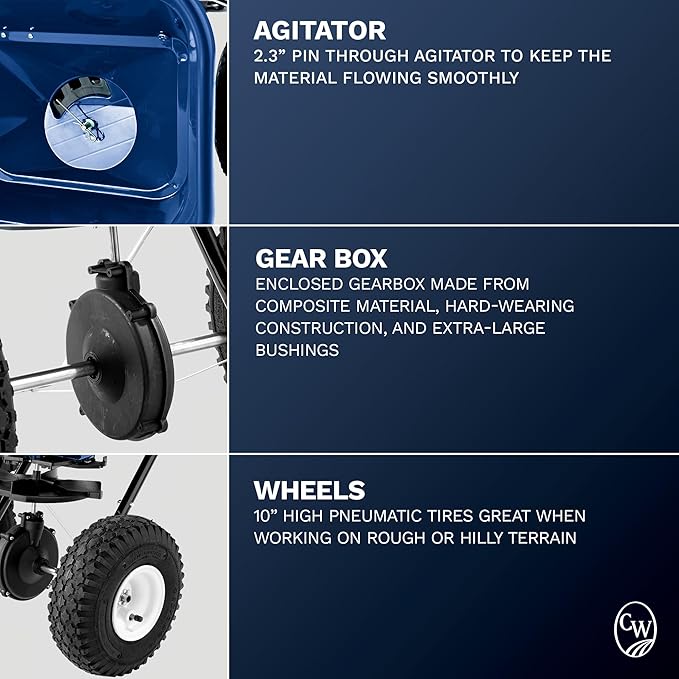 Charles Walters Equipment CW1500 Estate Style Broadcast Spreader for Spreading Fertilizer and More on Lawns, Sidewalks, and Driveways, 65lb Capacity, 31" x 32"