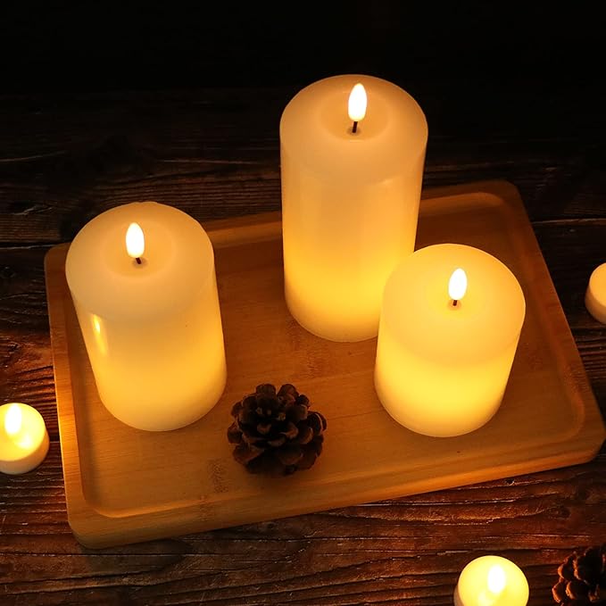Battery Operated Flameless Candles with 3D Flickering Flame Wick, LED Pillar Candles with Remote Timer, Pack of 3 Real Wax Candles for Wedding Home Decor(White)