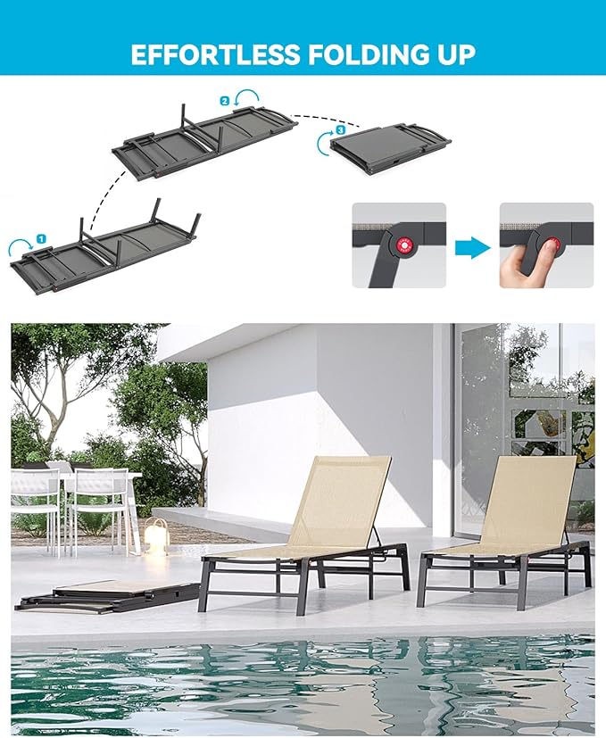 Aluminum Chaise Lounge Chair Outdoor, Foldable Patio Lounge Chair 2 Sets with Table Assemble-Free, Pool Lounge Chairs with 5 Adjustable Backrest, Outdoor Lounge Chairs for Outside Poolside Flaxen