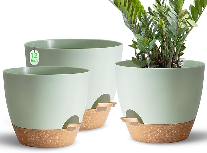 Indoor Pot For Plants 3 Pack 12/10/9 Inch Self Watering Pot For Lazy People,Self Watering Pots For Indoor Plants,Outdoor Pots For Succulent, African violets And Cactus Green Plastic Flower Pots