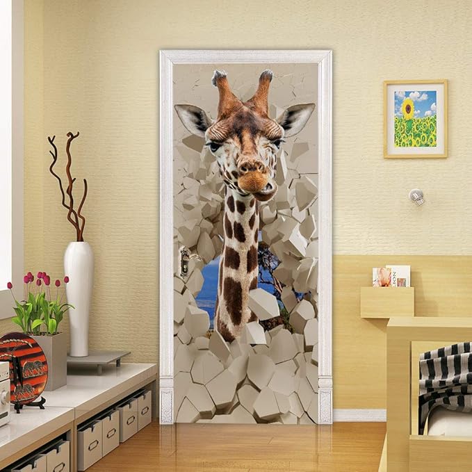 3D Peel and Stick Murals - Giraffe - Self-Adhesive Removable PVC Waterproof Door Poster for Bedroom Living Room Decoration 37.4 x 78.7 inch