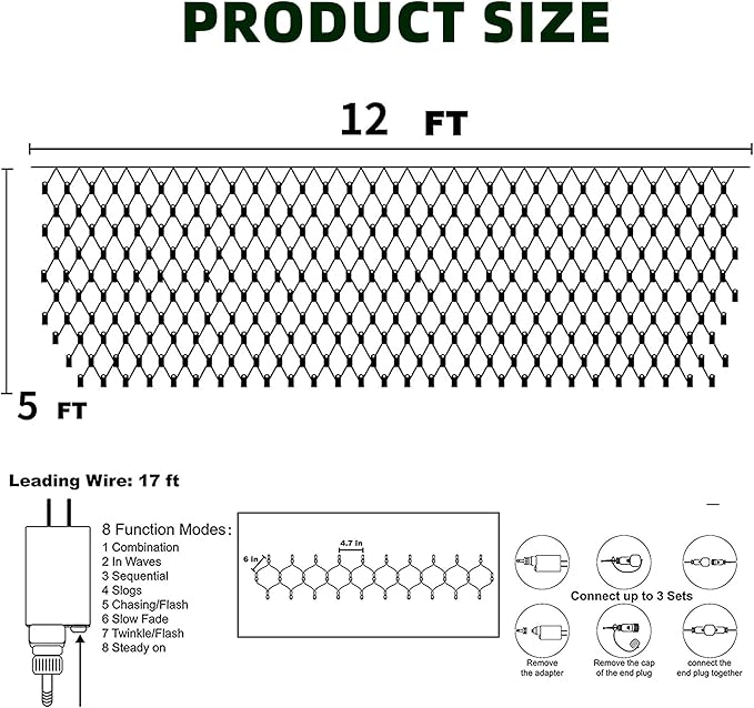 Dazzle Bright Christmas Net Lights, 360 LED 12FT x 5 FT Green Wire Waterproof Connectable String Lights with 8 Modes, Christmas Outdoor Lights for Bushes Garden Holiday Decoration (Multi-Colored)