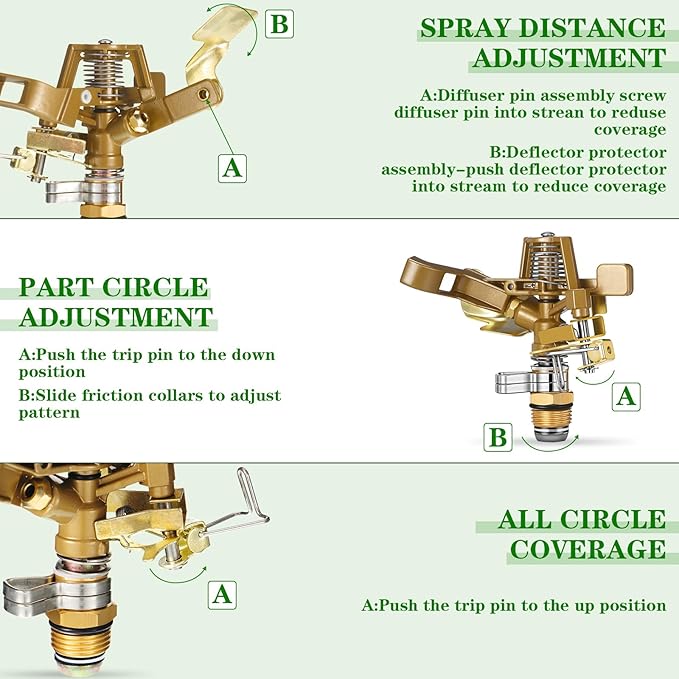 Ferraycle 16 Pieces 1/2 Inch Brass Impact Sprinkler Head with Nozzles Heavy Duty Adjustable 0-360 Degrees Impulse Sprinkler Head Lawn Watering for Yard Irrigation