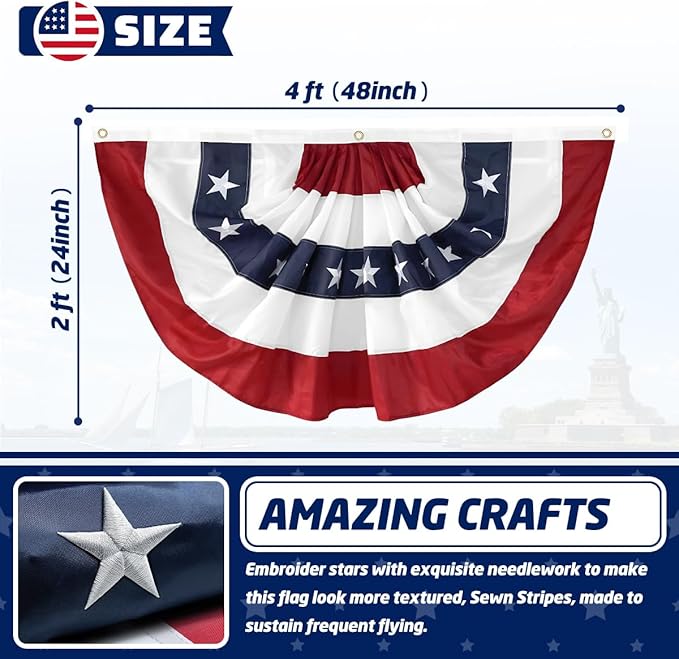 3Pack USA Pleated Fan Flag, 2x4 Feet American Bunting 4th of July Decorations Flags Patriotic Decor Embroidered Stars & Sewn Stripes Canvas Header Brass Grommets for Outside Porch Garden