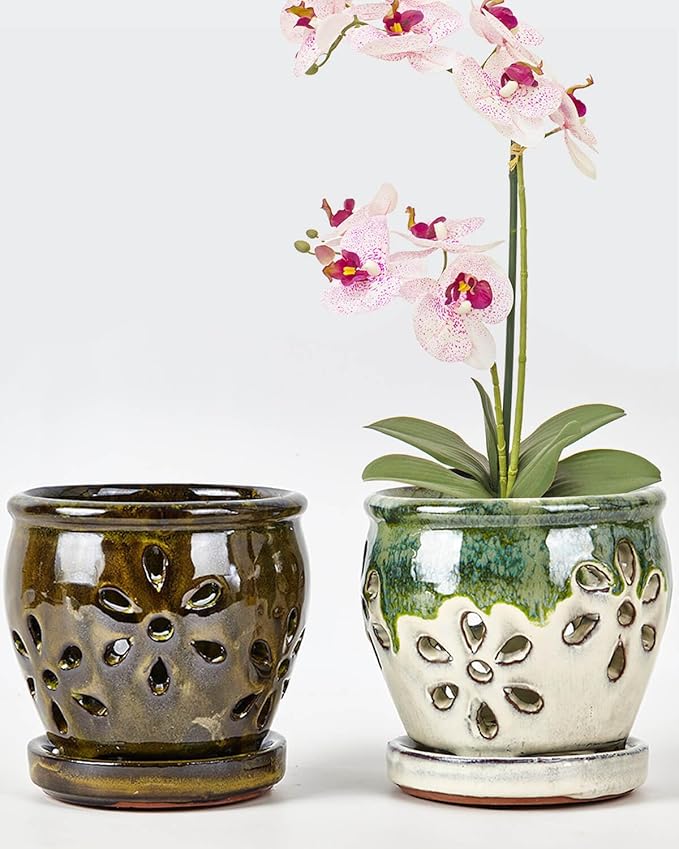 Vensovo 4 Inch Ceramic Orchid Pots with Holes and Saucers - 2 Pcs Small Succulent Pot for Repotting, Garden Flowerpots for Plants Indoor and Outdoor Promotes Air Circulation (Olive Green, Green Mixed)