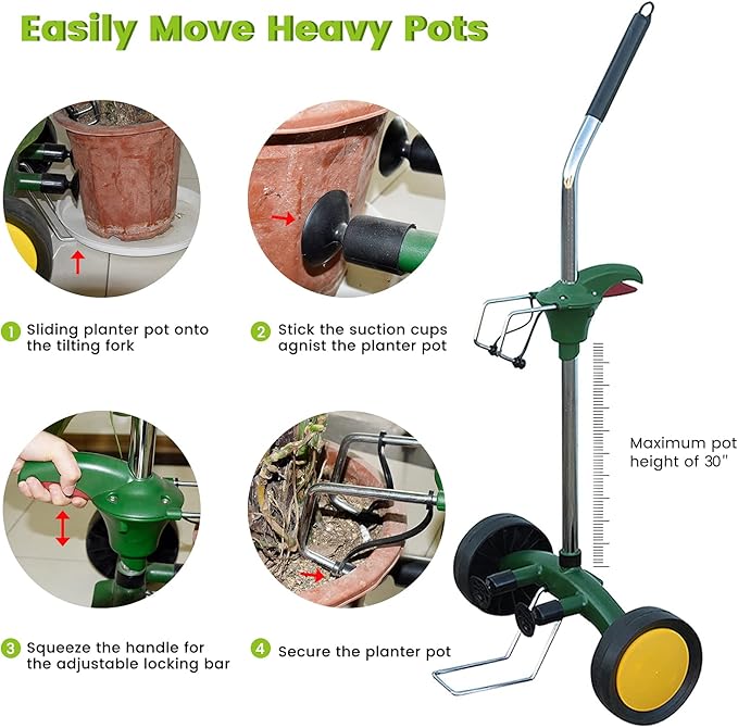 EJWOX Garden Pot Mover with Adjustable Handle - Heavy Duty Plant Dolly Caddy with Sturdy Flat-Free Wheels and Gripping Suction Cups, Max 165 Lbs Weight Capacity