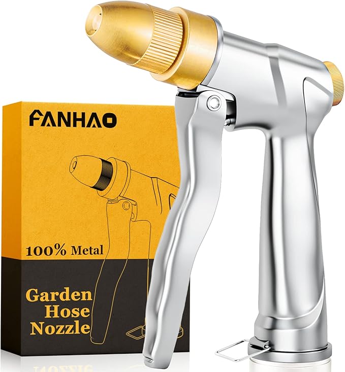 FANHAO Garden Hose Nozzle with Brass Tip, 100% Heavy Duty Metal Spray Nozzle High Pressure Water Nozzle with Adjustable Spray Patterns for Watering Plants, Washing Cars and Showering Pets