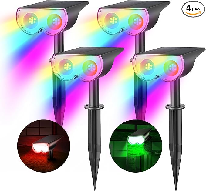 Consciot Solar Spot Lights Outdoor, 16 LEDs IP67 Waterproof Color Changing Solar Outdoor Lights, 8 Colors, Auto On/Off, 2-in-1 Adjustable Wall Lights for Garden Yard Pathway, 4 Pack(RGB)