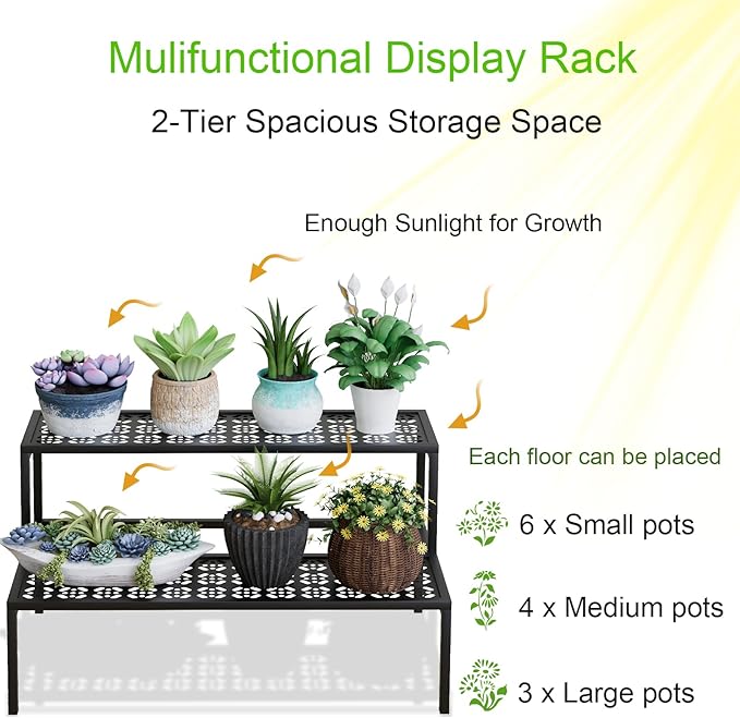 aboxoo Metal Plant Stand 2 Tier Potted Multiple Flower Pot Holder Plant Shelf Indoor Plants Multiple,Outdoor Heavy Duty Planter Display Shelving Unit for Patio Garden Corner Balcony(Black)