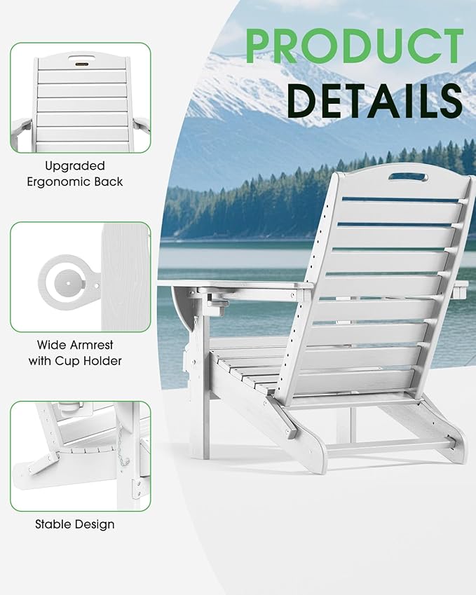 Adirondack Chairs Set of 2, Outdoor Fire Pit Chairs, HDPE All-Weather Adirondack Chairs with Cup Holder, Lawn Chair for Deck, Patio, Garden (White)
