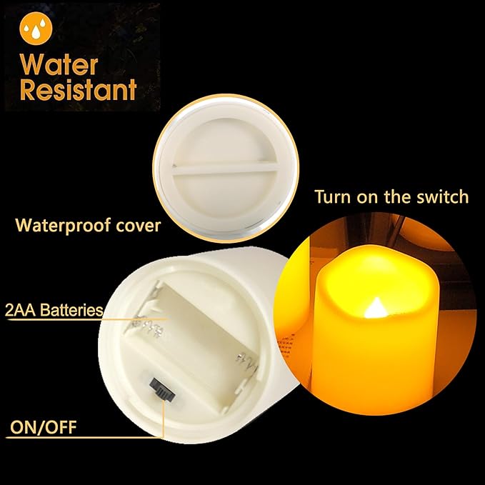 CANDLE CHOICE Waterproof Outdoor Battery Operated Flameless Candles with Timer Flickering Plastic Resin Electric LED Pillar Lights for Lantern Patio Garden Wedding Party Decorations 3x8 Inches 2 Pack