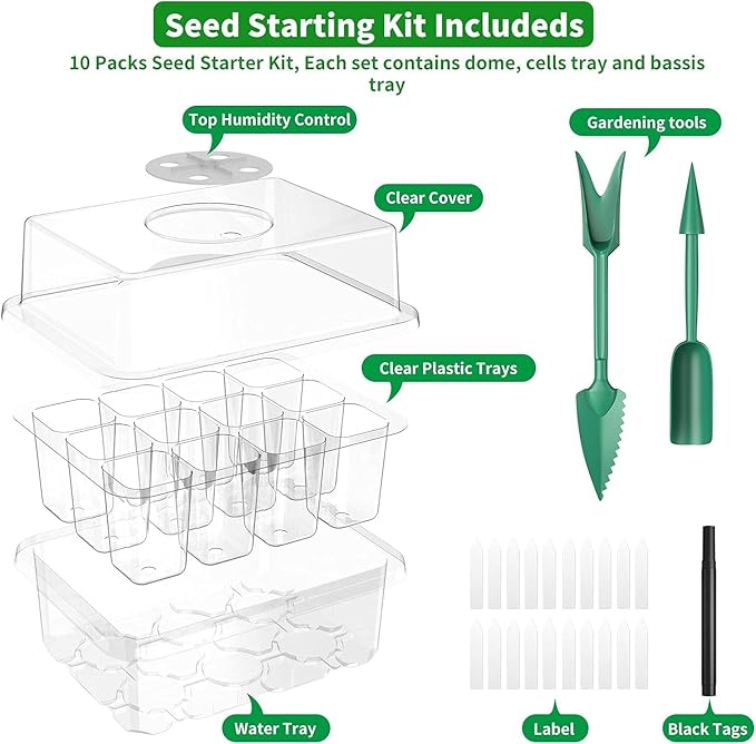 120 Cells Reusable Seed Starter Tray, 10 Pack Seedling Starter Kit for Greenhouse Propagator Station Planting Growing (Clear)