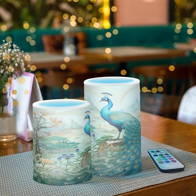 Flickering Flameless Candles, Peacock Garden LED Candles with Remote Timer, Set of 2 Battery Operated Candle for Valentine Wedding Birthday