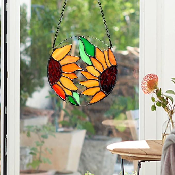 BOXCASA Sunflower Decor Stained Glass Window Hanging,Handmade Art Craft Sun Flower Glass Suncatchers for Window,Tiffany Style Ornament Home Decoration Housewarming Gifts for Mother