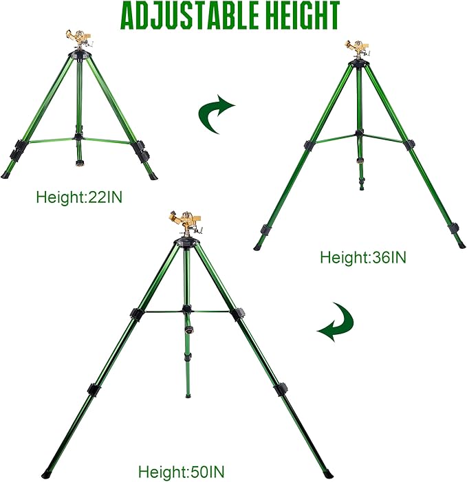 Biswing Impact Sprinkler Head on Tripod Base, Extends Up to 50 Inch Heavy Duty Lawn Sprinkler, 360 Degree Large Area Irrigation, Adjustable Coverage Brass Nozzle Alloy Metal Tower Sprinkler, 1 Pack