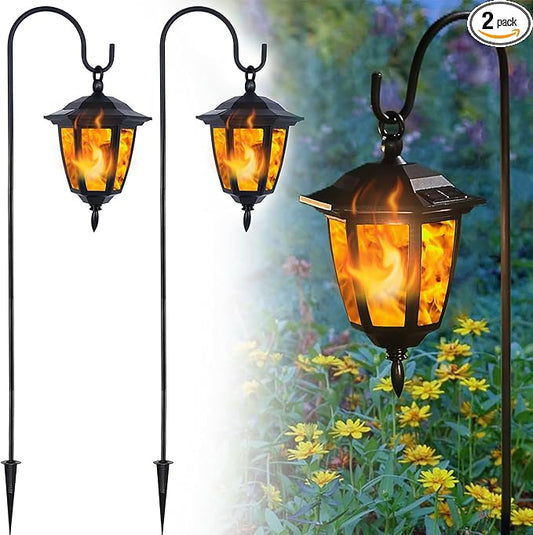 Dynaming 2 Pack Solar Flame Hanging Lights Outdoor, Solar Flickering Flame LED Garden Lanterns with 2 x 38 Inch Shepherd Hooks, Landscape Lighting Waterproof for Lawn Patio Yard Pathway Driveway