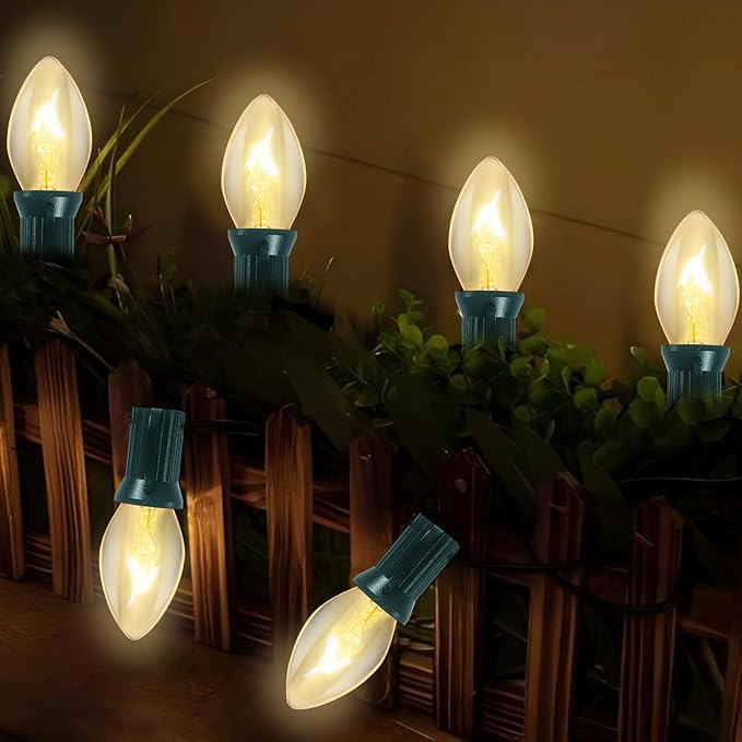 C7 Clear Christmas Lights, 25Ft Outdoor Christmas String Lights with 27 Warm White Incandescent Bulbs, Connectable Vintage Christmas Lights for Outdoor Patio Christmas Party House Decorations, Green