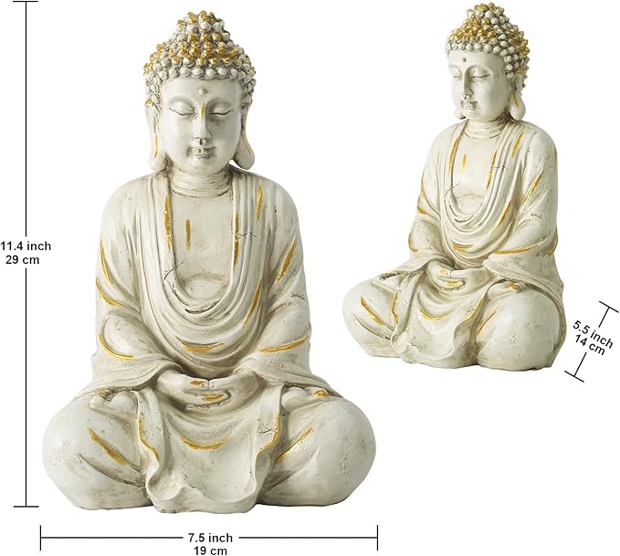 Goodeco 11.4 Meditating Zen Buddha Statue Figurine Sculpture - Indoor/Outdoor Decor for Home,Garden,with Natural Wood Beaded Necklace,Polyresin (White)