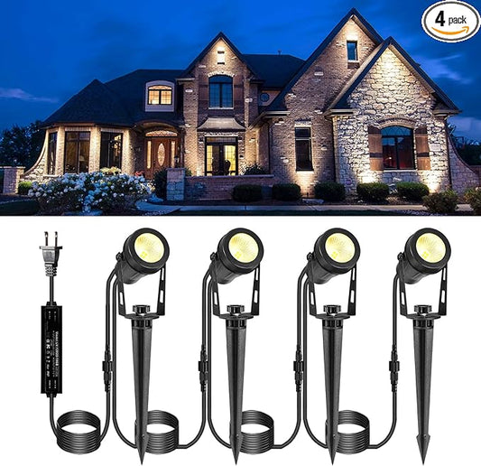 ECOWHO Outdoor Landscape Lighting, 12V LED Low Voltage Landscape Lights Waterproof Outdoor Spotlights Plug in, Graden Lights with Connector for Yard Flag Tree Pathway Lawn Decor(4 Pack Warm White)