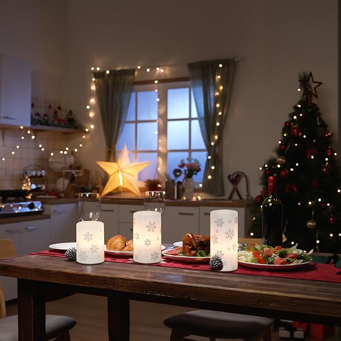 KunSween Christmas Flameless Candles with Timer, 3 Pack LED Pillar Candles with Silver Snowflake Decals and Real Wax, Christmas Winter Decorations for Home Indoor Table Centerpieces