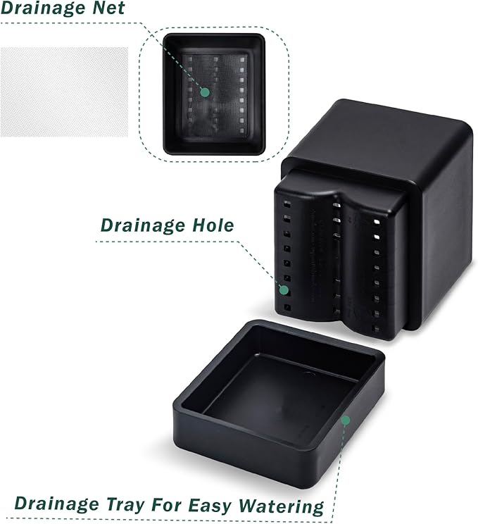 4 Inch Herb Planter Pot, Plastic Planter with Drainage Holes and Saucer, Modern Decorative Gardening Pot for Indoor Plants, Flowers, Herbs, Succulents, Black, Set of 2, 76-Y-B-2