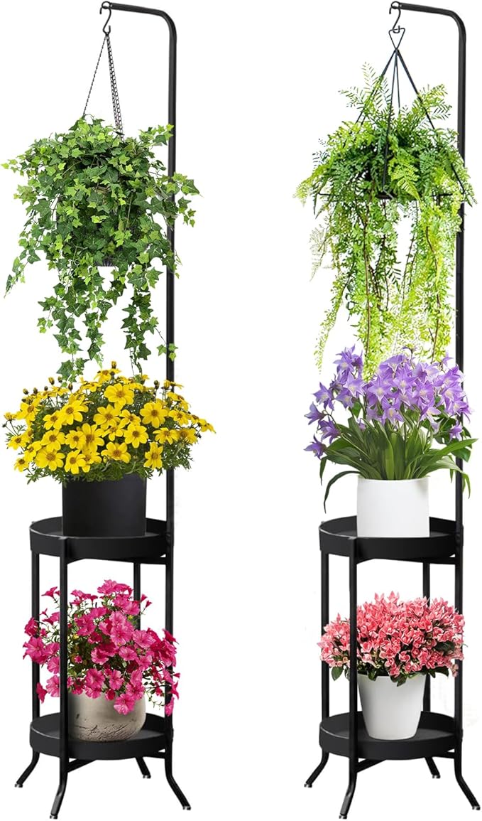 2Pcs Hanging Plant Stand Indoor Outdoor, Space-Saving Corner Metal Plant Shelf 3 Potted Flower Pot Stand, 2 Tier 61" Tall Modern Planter Holder for Patio Garden Balcony Living Room Bedroom