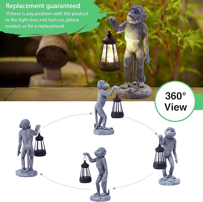 Garden Statue Monkey Figurine - Monkey Decor with Solar Powered Led Lights for Patio Lawn Balcony Yard - Ideal Gift for Women Moms Grandma Housewarming
