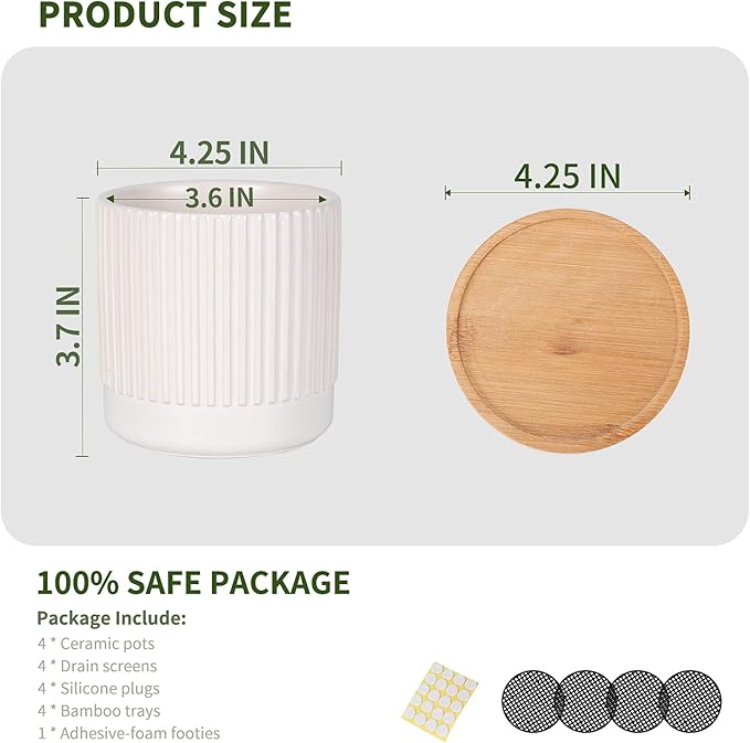 AOMRYOM 4.25 Inch Small Ceramic Plant Pots with Drainage Holes and Trays, Garden Flower Pots for Indoor Outdoor Plants, Succulents, Cactus and Herbs, White Stripe, Set of 4 (Plant Not Included)