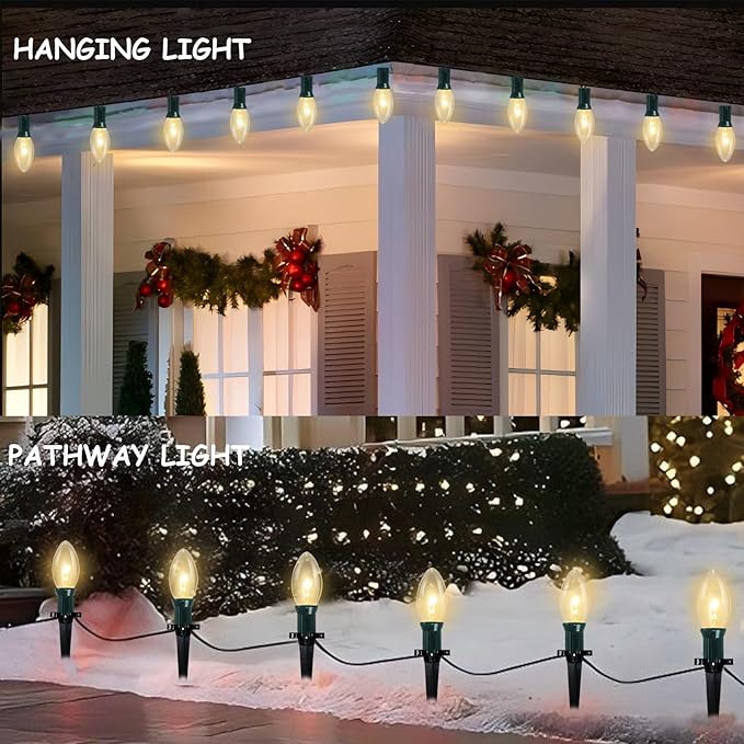 C9 Christmas Pathway Lights Outdoor, 38Ft 25 C9 Incandescent Warm White Pathway Marker Stakes Waterproof for Walkway Lawn Sidewalk Driveway Holiday