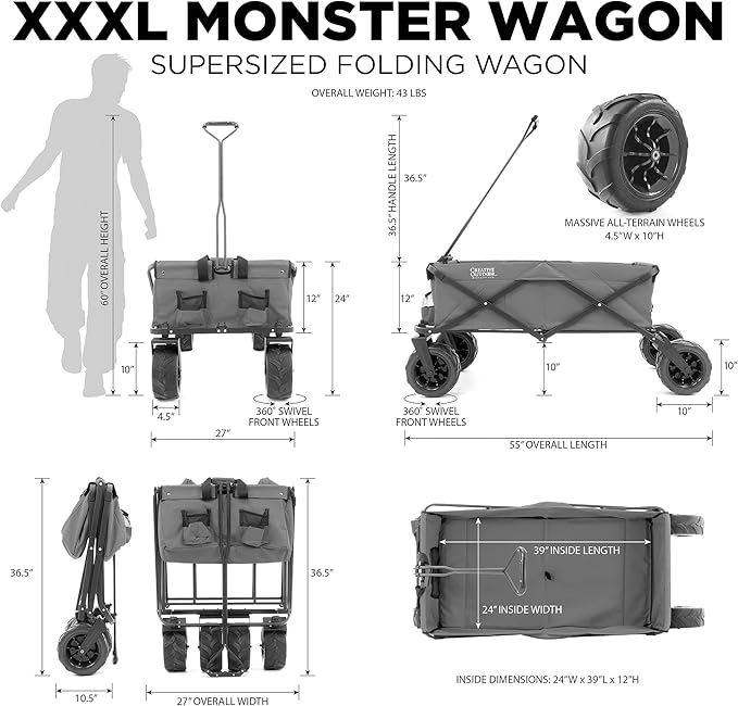 Creative Outdoor Push Pull Stroller Wagon for Kids, 250lbs Weight Capacity, XXXL Monster Series, Collapsible Giant All-Terrain Folding Cart, Beach, Park, Camping, Garden & Tailgate (Blue)