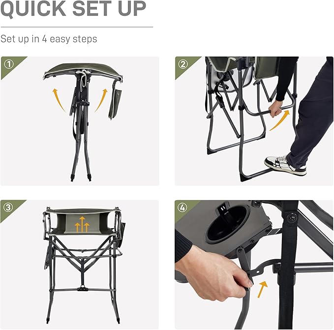 EVER ADVANCED Portable 30.7" Seat Height Tall Folding Camping Chair Directors Chair High Foldable Bar Stool with Side Table for Makeup Artist, Sports Event, Craft Show, Supports 350LBS Green Grey