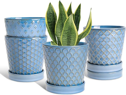 EFISPSS Plant Pots, 5 Inch Pots for Indoor Plants, Planters with Drainage Hole and Saucer, Ceramic Flower Pots Desktop Office Windowsill Decoration Gift Set of 4 - Sky Blue
