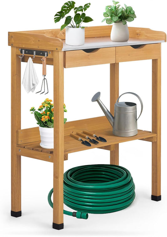 Outdoor Potting Bench Garden Work Station, Solid Wood Planting Table w/Sink Drawer Shelves,Metal Top, Folding Patio Furniture for Porch Balcony (29.8 x 14.6 x 36.4(Fir Wood Color))