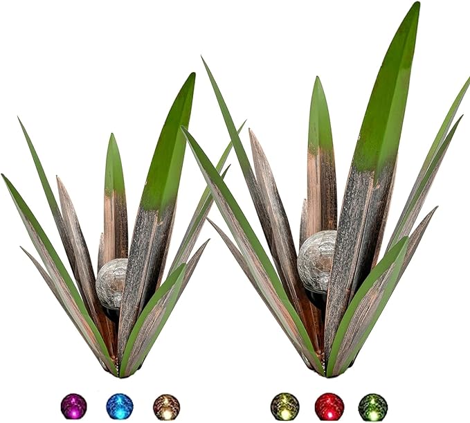 Metal Agave Plant Garden Art, 2 Pack Big Tequila Rustic Sculpture, Rustic Metal Agave Plants Garden Lawn Home Ornaments, for Yard Stakes, Garden Figurines, Outdoor Patio (2 PCS Green with Light)