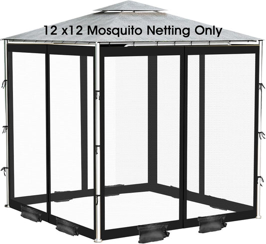 ShowyLive 12x12 Patio Umbrella Mosquito Netting with Zipper 4 Doors & 8 Weight Bag - Adjustable Polyester Mesh Bug Screen for Outdoor Umbrellas, Garden, Patio Tables (Black)