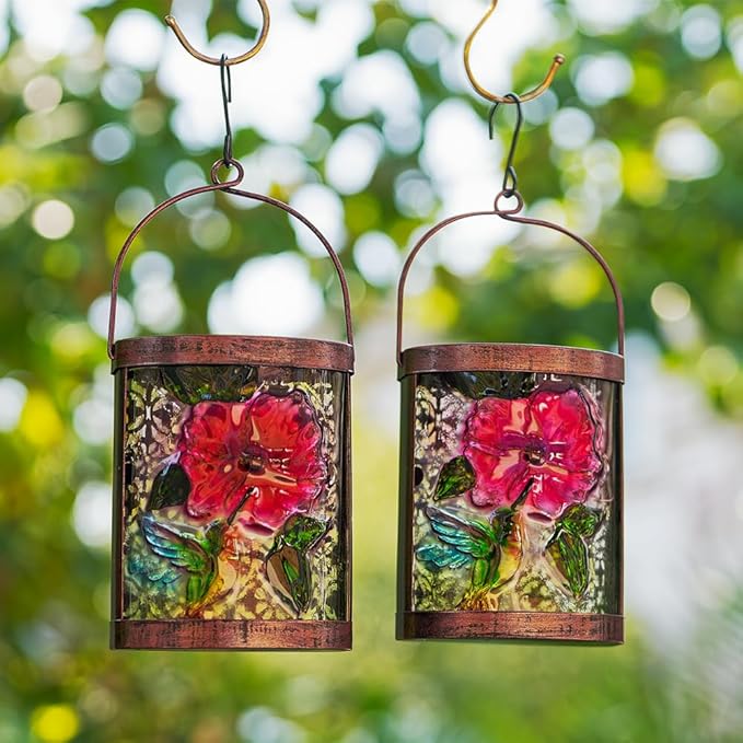 2 Pack Hummingbird Hanging Solar Lanterns Outdoor Waterproof LED Light Tabletop Glass Solar Lantern for Garden Patio
