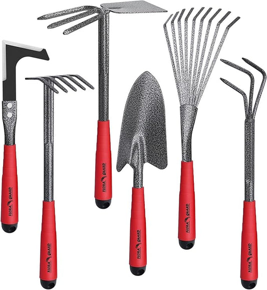 FLORA GUARD Garden Tool Set， 6 Piece Heavy Duty, Large Size Gardening Hand Tools, Sturdy & Durable, Classic Utility Gardening Gift for Men and Women
