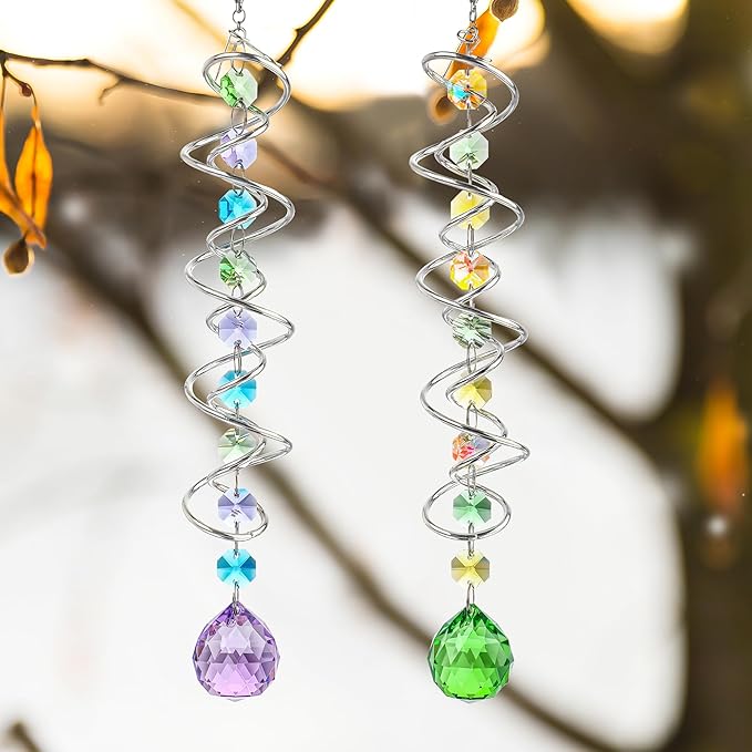 H&D HYALINE & DORA Set of 3 Crystal Sun Catcher for Window Hanging Double-Spiral Gazing Ball Spiral Tail Rainbow Maker Wind Spinners Outdoor for Garden, Patio, Porch, Christmas