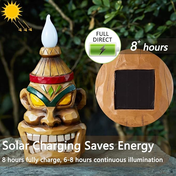 Outdoor Solar Tiki Statue Decor-Tiki Bar Decoration-Torch Tiki Head Statues Outdoor Decorations for Garden,Patio,Yard,Backyard,Lawn,Garden Gift,Garden Tiki Figurine 8.74 Inch Tall
