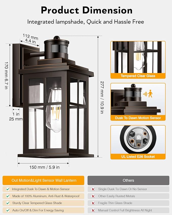 Distance-Adjustable Outside Lights for House, 2-Pack Oil Rubbed Bronze Porch Light, Waterproof Dusk to Dawn Exterior Lighting Fixtures Sconce, Anti-Rust Outdoor Lanterns for Porch, Garage