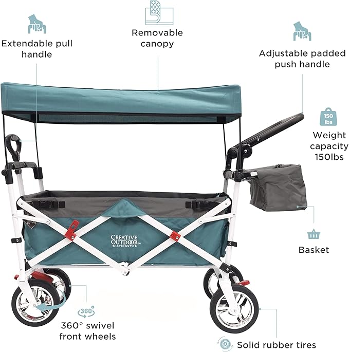 Creative Outdoor Wagon for Kids Push Pull Collapsible Stroller Folding Cart | Silver Series | Beach Park Garden & Tailgate | Teal
