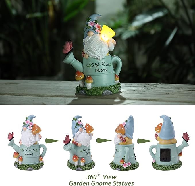 Garden Gnome Statue, Novelty Gnome Outdoor Figurine with Watering Can Shape and Flowers Butterfly Decor - Resin Gnome Sculpture with Mushroom Solar Lights for Porch Patio Yard Outdoor Decor