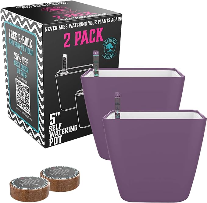 5" Self Watering pots for Indoor Plants - Flower Pot with Water Level Indicator for Plants, Grow Tracking Tool - Self Watering Planter Plant Pot – 2 Pack Purple