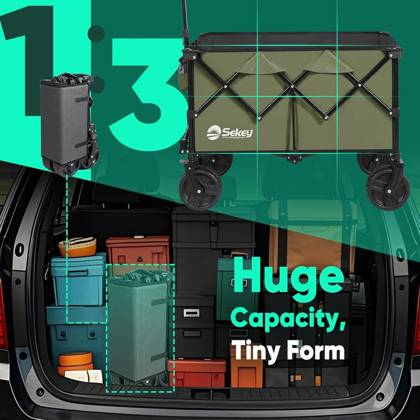 Collapsible Wagon Cart with Big All-Terrain Beach Wheels, Foldable Heavy Duty Wagons with Cup Holders, Utility Carts for Camping, Garden, Outdoor, Grocery, Sports. Khaki